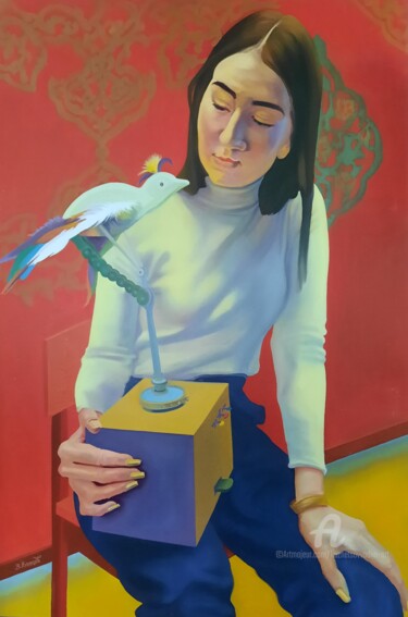 Painting titled "girl with bird" by Vadim Kuznetsov, Original Artwork, Oil