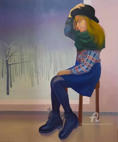 Painting titled "girl in black hat(д…" by Vadim Kuznetsov, Original Artwork, Oil