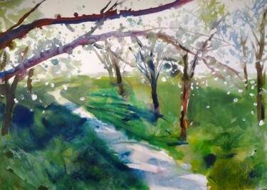 Картина под названием "Цветущие вишни" - Андрей Клюйко, Подлинное произведение искусства, Акварель
