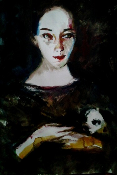 Pittura intitolato "Девочка со щенком" da Andrei Kliuiko, Opera d'arte originale, Acquarello