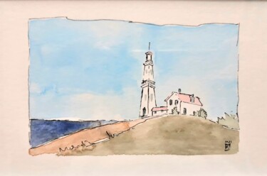 Painting titled "Le phare sur la col…" by Jacek Wendzonka, Original Artwork, Watercolor Mounted on Cardboard
