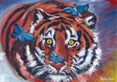 Картина под названием "Тигр и голубые бабо…" - Къелла, Подлинное произведение искусства, Акрил