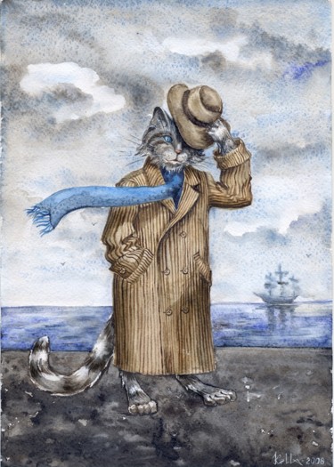 Картина под названием "Корабельный кот" - Къелла, Подлинное произведение искусства