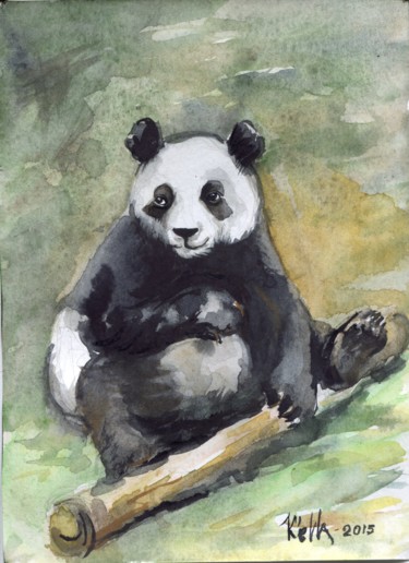 Painting titled "Панда" by Kella, Original Artwork, Watercolor
