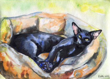 Картина под названием "Черный кот ориентал…" - Къелла, Подлинное произведение искусства, Акварель