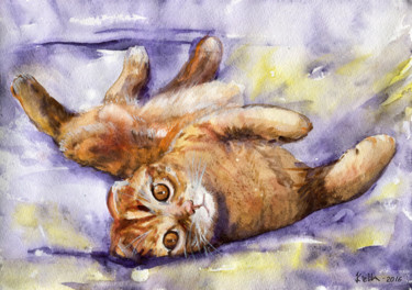 Картина под названием "Рыжий кот скоттиш-ф…" - Къелла, Подлинное произведение искусства, Акварель