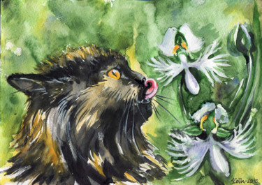 Картина под названием "Кошка и орхидеи" - Къелла, Подлинное произведение искусства, Акварель