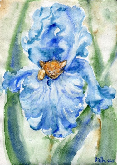 Peinture intitulée "Котик в голубом ири…" par Kella, Œuvre d'art originale, Aquarelle