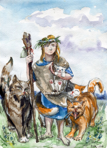 Peinture intitulée "Пастух кошек" par Kella, Œuvre d'art originale, Aquarelle