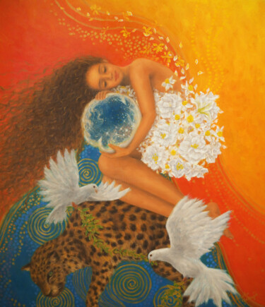 Schilderij getiteld "Cosmic Peace" door Kyoko Yamaji, Origineel Kunstwerk, Olie