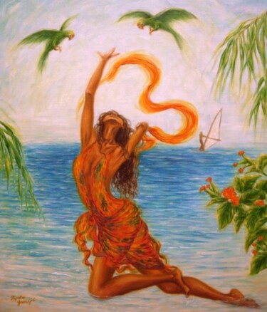 Painting titled "Caribbean Joy II" by Kyoko Yamaji, Original Artwork, Oil Mounted on Wood Stretcher frame