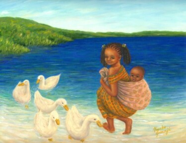 Malerei mit dem Titel "Little Babysitter" von Kyoko Yamaji, Original-Kunstwerk, Öl