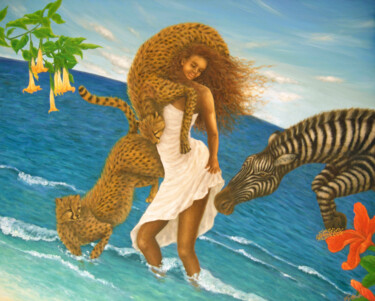 Картина под названием "Playing in the Sea" - Kyoko Yamaji, Подлинное произведение искусства, Масло Установлен на Деревянная…