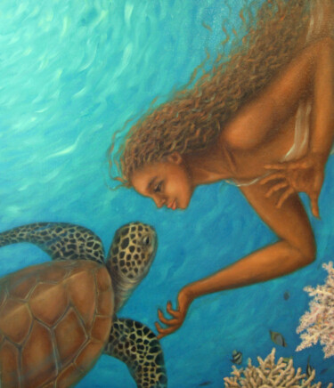 "Sea Turtle" başlıklı Tablo Kyoko Yamaji tarafından, Orijinal sanat, Petrol Ahşap Sedye çerçevesi üzerine monte edilmiş