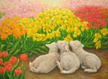 Malerei mit dem Titel "Happy Three Lambs" von Kyoko Yamaji, Original-Kunstwerk, Öl