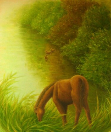 Peinture intitulée "Horse and Ducks" par Kyoko Yamaji, Œuvre d'art originale, Huile