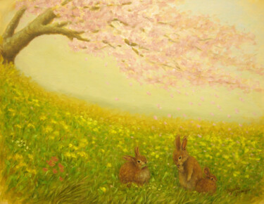 Painting titled "Rabbits in the Cher…" by Kyoko Yamaji, Original Artwork, Oil