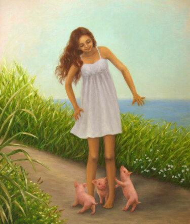 Painting titled "Three Piglets" by Kyoko Yamaji, Original Artwork, Oil