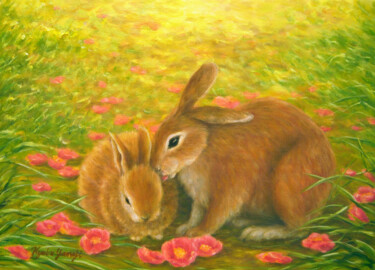 Pintura intitulada "Rabbits and Fallen…" por Kyoko Yamaji, Obras de arte originais, Óleo