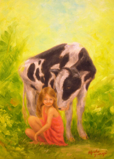 Painting titled "Kissing Calf" by Kyoko Yamaji, Original Artwork, Oil