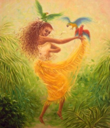 Painting titled "Dance with parrots 2" by Kyoko Yamaji, Original Artwork, Oil Mounted on Wood Stretcher frame