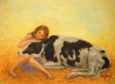 Pittura intitolato "Happy Calf" da Kyoko Yamaji, Opera d'arte originale, Olio
