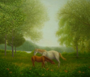 Painting titled "White Horse and Bro…" by Kyoko Yamaji, Original Artwork, Oil