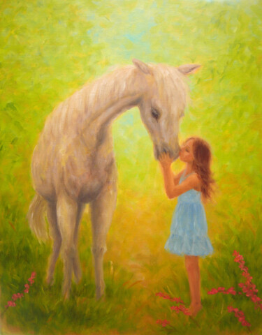 Painting titled "Little Girl Kissing…" by Kyoko Yamaji, Original Artwork, Oil