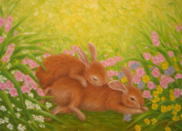 Peinture intitulée "Rabbits in Rose Gar…" par Kyoko Yamaji, Œuvre d'art originale, Huile