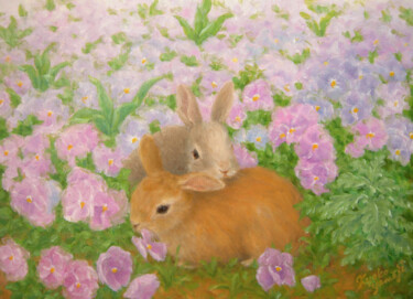 Malerei mit dem Titel "Baby Rabbits" von Kyoko Yamaji, Original-Kunstwerk, Öl