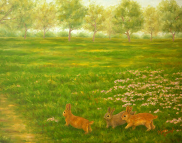 Painting titled "Three Rabbits" by Kyoko Yamaji, Original Artwork, Oil