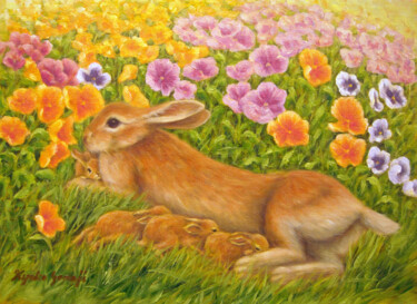 Malarstwo zatytułowany „Rabbits Family in P…” autorstwa Kyoko Yamaji, Oryginalna praca, Olej