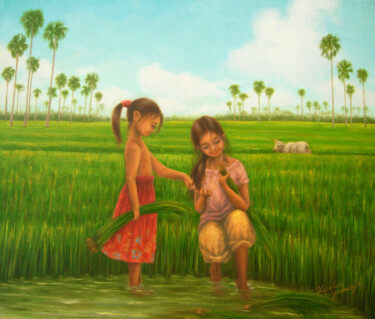 Painting titled "Rice Transplant" by Kyoko Yamaji, Original Artwork, Oil