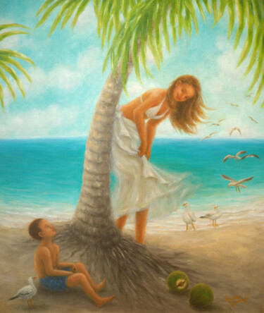 Painting titled "Caribbean Beach" by Kyoko Yamaji, Original Artwork, Oil