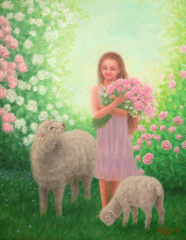 Peinture intitulée "Girl and Sheep" par Kyoko Yamaji, Œuvre d'art originale, Huile