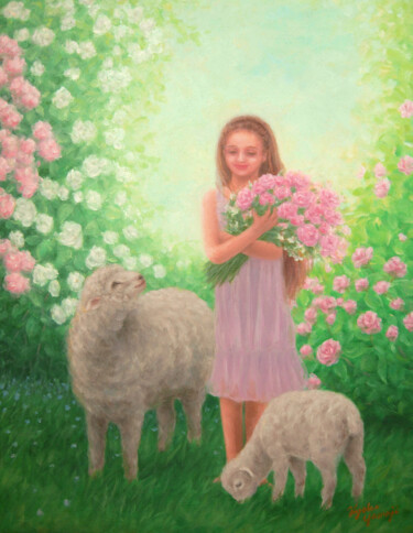 Pintura intitulada "Girl and Sheep" por Kyoko Yamaji, Obras de arte originais, Óleo