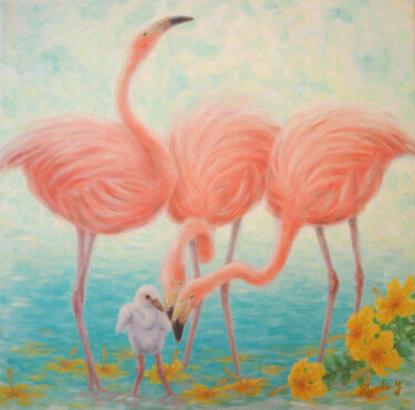 Painting titled "Flamingos" by Kyoko Yamaji, Original Artwork, Oil Mounted on Wood Stretcher frame