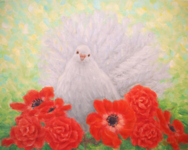 Painting titled "White Dove in Red" by Kyoko Yamaji, Original Artwork, Oil Mounted on Wood Stretcher frame
