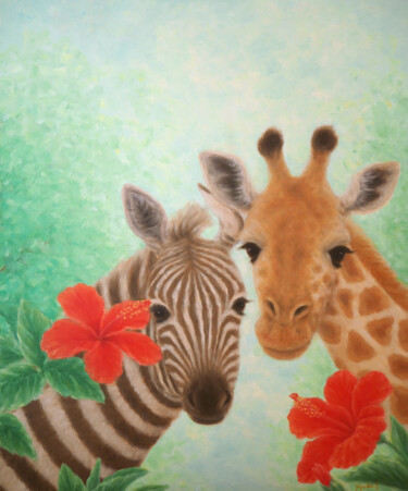 Painting titled "Zebra and Giraffe" by Kyoko Yamaji, Original Artwork, Oil Mounted on Wood Stretcher frame