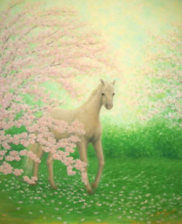 Painting titled "White Horse with Ma…" by Kyoko Yamaji, Original Artwork, Oil Mounted on Wood Panel