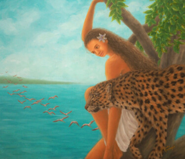 Pintura titulada "Woman and Leopard" por Kyoko Yamaji, Obra de arte original, Oleo Montado en Bastidor de camilla de madera