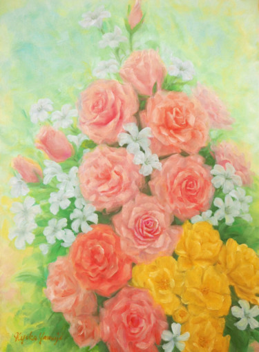 Painting titled "Pink and Yellow Ros…" by Kyoko Yamaji, Original Artwork, Oil Mounted on Wood Panel