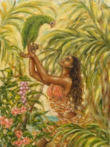 Painting titled "Caribbean Parrot" by Kyoko Yamaji, Original Artwork, Oil