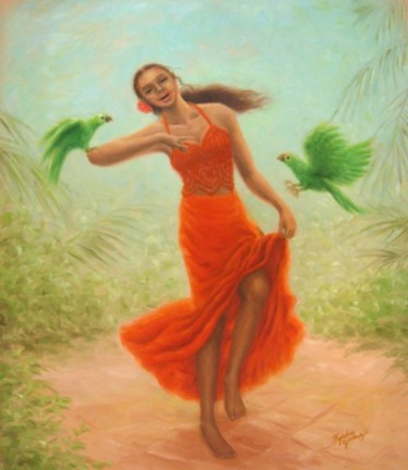 Painting titled "Dance with Parrots" by Kyoko Yamaji, Original Artwork, Oil