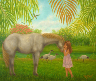 Painting titled "Girl and White Horse" by Kyoko Yamaji, Original Artwork, Oil