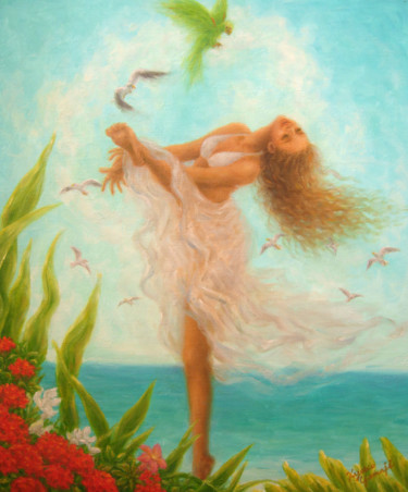 Painting titled "Caribbean Dance" by Kyoko Yamaji, Original Artwork, Oil Mounted on Wood Stretcher frame