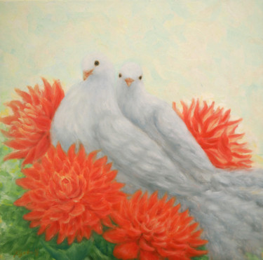 Painting titled "White Doves and Red…" by Kyoko Yamaji, Original Artwork, Oil Mounted on Wood Panel