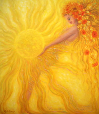 Painting titled "Sun Goddess" by Kyoko Yamaji, Original Artwork, Oil Mounted on Wood Panel