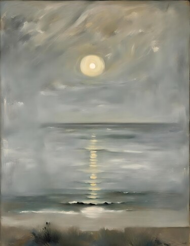 Digitale Kunst mit dem Titel "Moonlight by the Sea" von Kyozai, Original-Kunstwerk, KI-generiertes Bild