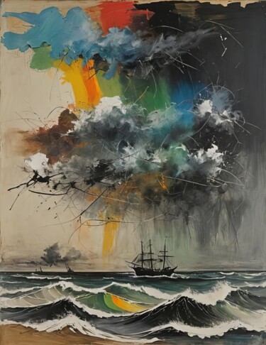 Digitale Kunst getiteld "Stormy Sea" door Kyozai, Origineel Kunstwerk, AI gegenereerde afbeelding